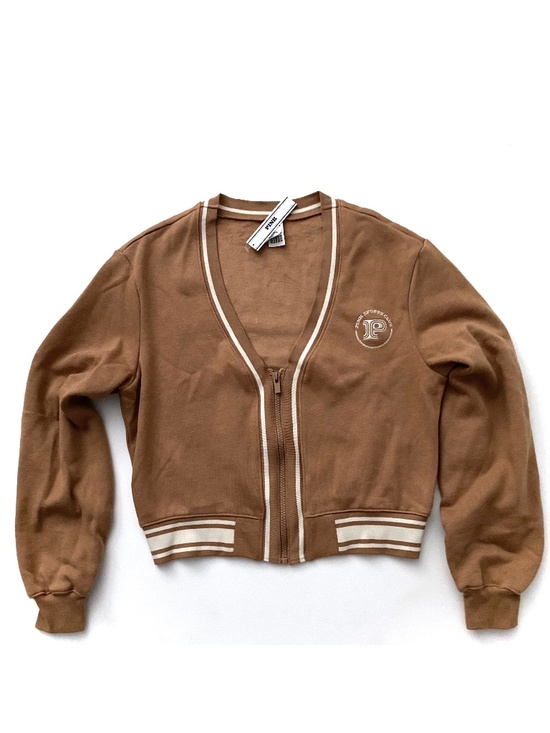 PINK Victoria's Secret Sweater Varsity Full Zip Cardigan Logo Tan w Stripe Nwt - Picture 1 of 3